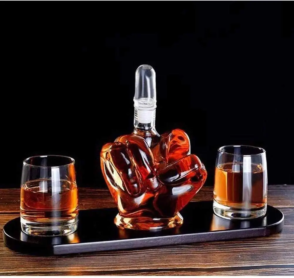 decantor de bauturi finger up decantor whisky cu 2 pahare si suport - cadouri barbati