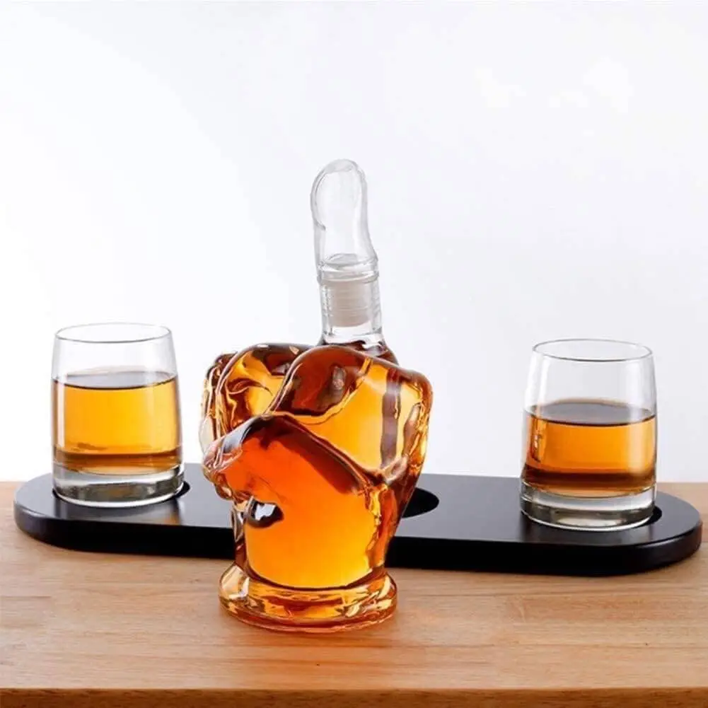 Decantor whisky cu 2 pahare si suport finger up transparent decantor amuzant - cadouri barbati