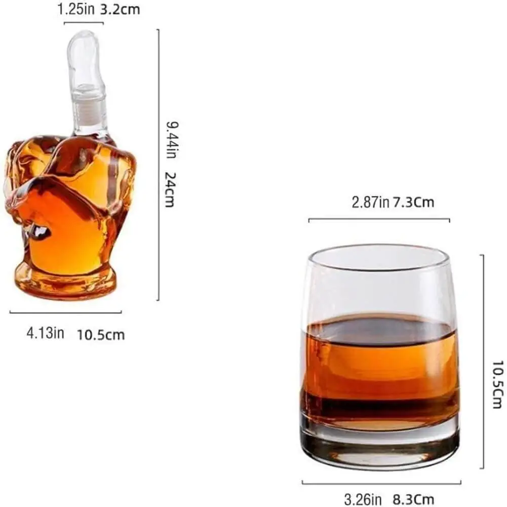 dimensiune Decantor whisky cu 2 pahare si suport finger up transparent - cadouri barbati