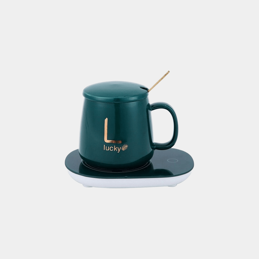 Cadouri Barbati - set ceasca din ceramica cu incalzitor, lingurita si farfurie verde cana cu incalzire